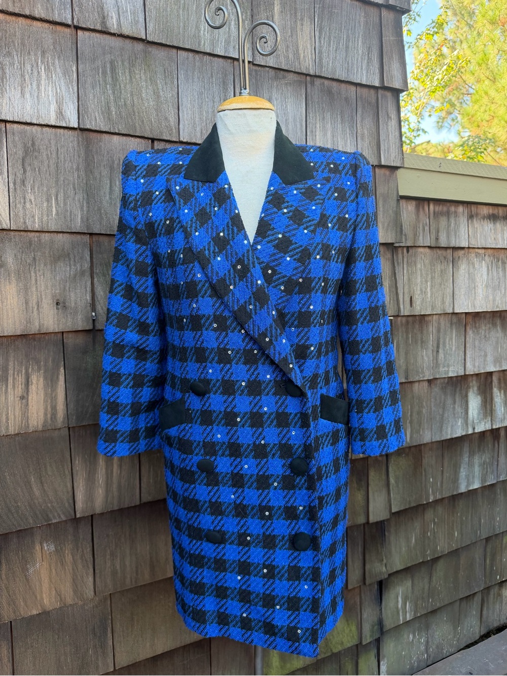 Vintage Criscione long jacket or coat double breasted plaid blue black sz S